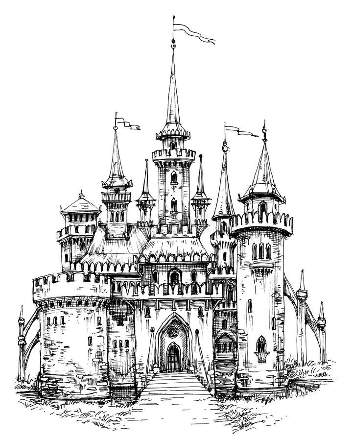 Vector castle front view. Pencil hand drawing, ready to color royalty free illustration