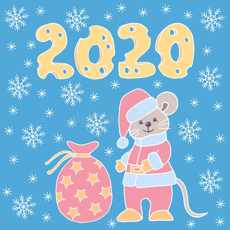 Vector Christmas picture with hand drawn mouse in Santa suit and hat with gift bag and 2020 year of cheese royalty free illustration