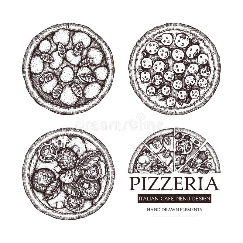 Vector collection of hand drawn Pizza with slice sketches. Vector Italian food drawing. Engraving style Fast food illustrations f stock illustration
