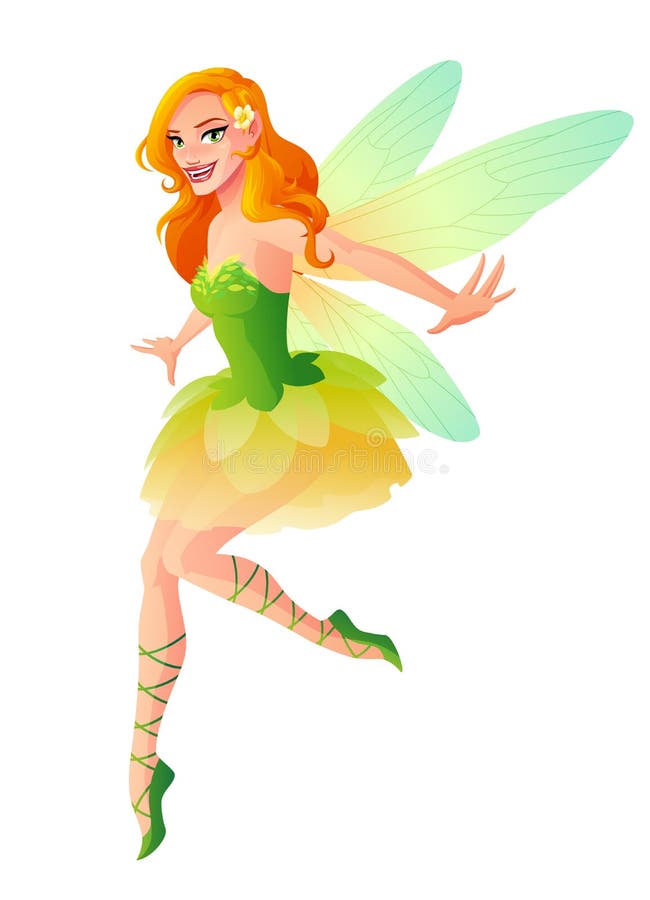 Vector cute flying fairy with dragonfly wings in green outfit. Cute pretty flying fairy in green outfit with dragonfly wings. Cartoon style vector illustration royalty free illustration