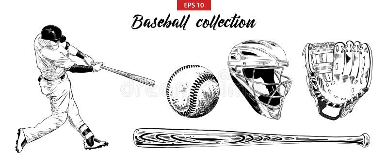 Hand drawn sketch set of baseball player, helmet, glove, ball and bat isolated on white background. Detailed vintage etching drawi. Vector engraved style vector illustration