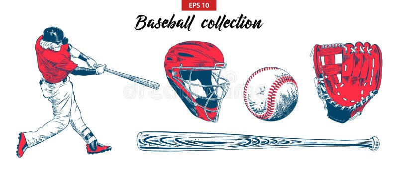 Hand drawn sketch set of baseball player, helmet, glove, ball and bat isolated on white background. Vector engraved style illustration for posters, decoration vector illustration