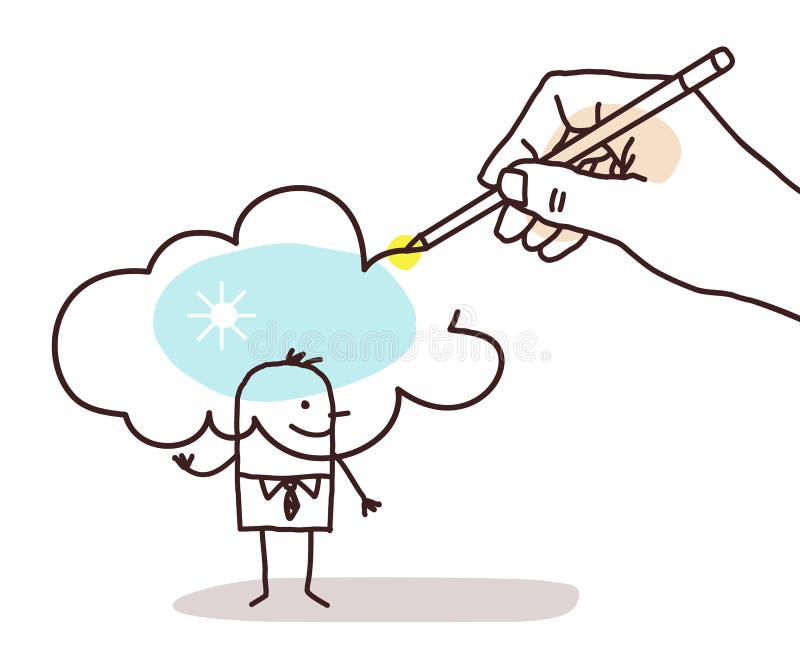 Hand Drawing a Sunny Cloud on a Cartoon man. Vector Hand Drawing a Sunny Cloud on a Cartoon man stock illustration Hand Drawing a Sunny Cloud on a Cartoon man. Vector Hand Drawing a Sunny Cloud on a Cartoon man stock illustration