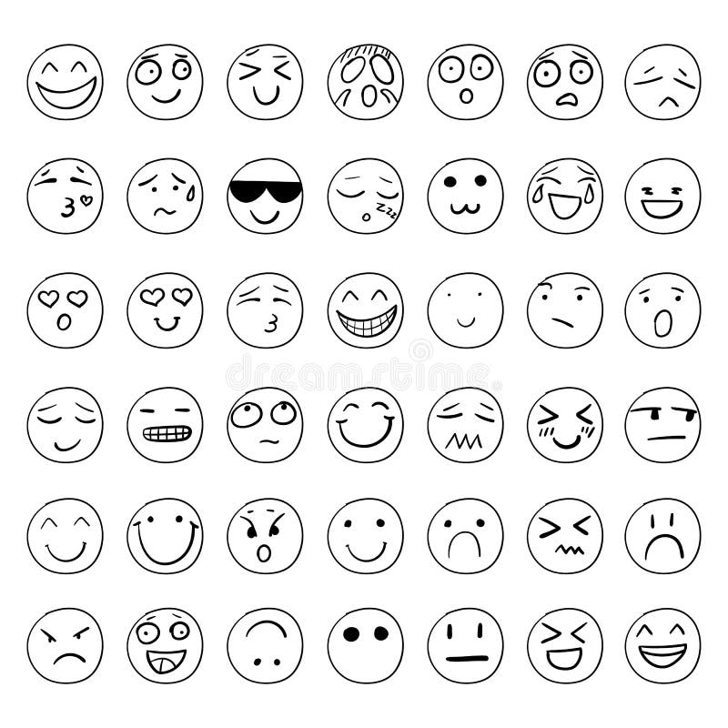 Vector Hand Drawn Smiley Faces Set, Black Outline Drawings Isolated. Vector Hand Drawn Smiley Faces Set, Black Outline Drawings Isolated on White Background vector illustration