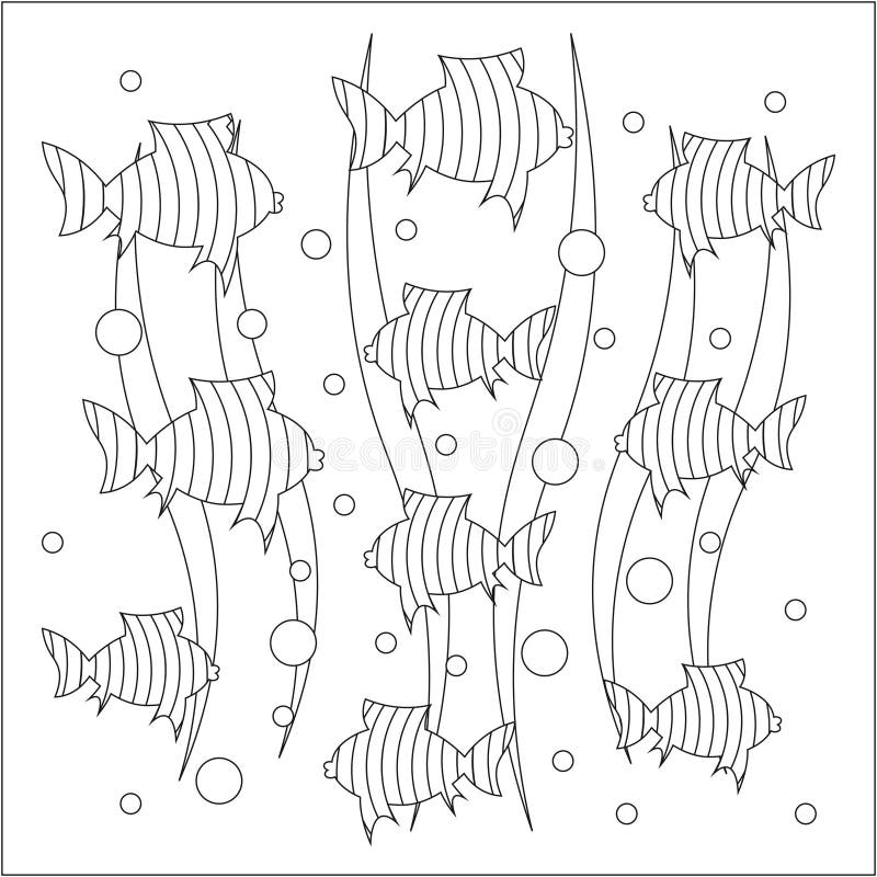 Vector illustration of aquarium and sea fish in black and white for coloring. Striped fish vector illustration