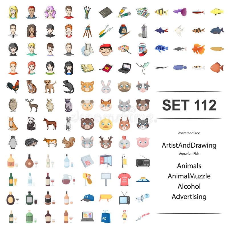 Vector illustration of avatar, face, artist, drawing, aquarium, fish animal muzzle alcohol advertising icon set. stock illustration