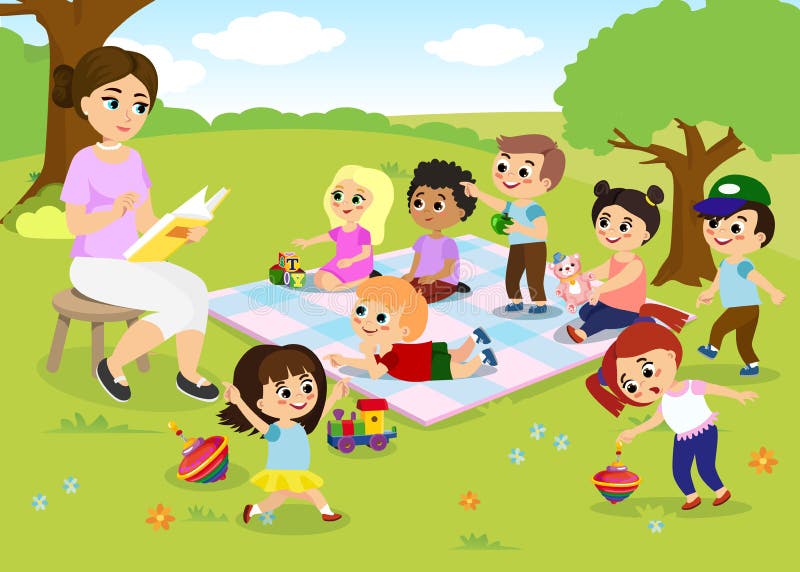 Vector illustration of children s activities at the summer camp, kids playing in the park, teacher is reading book for royalty free illustration Vector illustration of children s activities at the summer camp, kids playing in the park, teacher is reading book for royalty free illustration