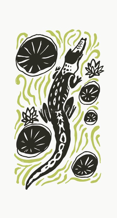 Vector illustration with crocodile on water isolated on white. Hand drawn sketch with cayman on natural background in linocut. Vector illustration with crocodile royalty free illustration