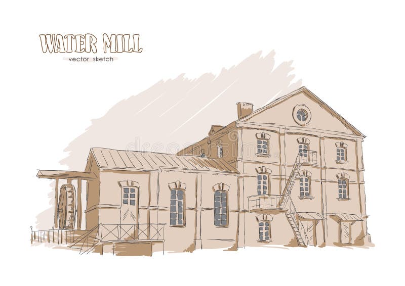 Hand drawing old Water Mill. Outline Sketch. Vector illustration: Hand drawing old Water Mill. Outline Sketch vector illustration