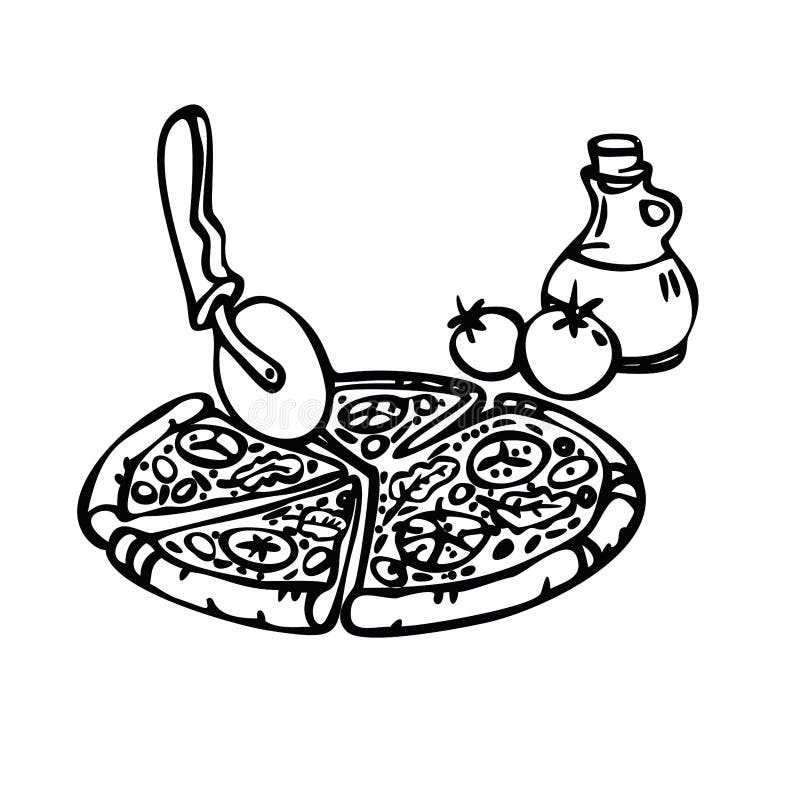 Vector Pizza slice drawing. Hand drawn pizza illustration. Great for menu, poster or label. Line art royalty free illustration