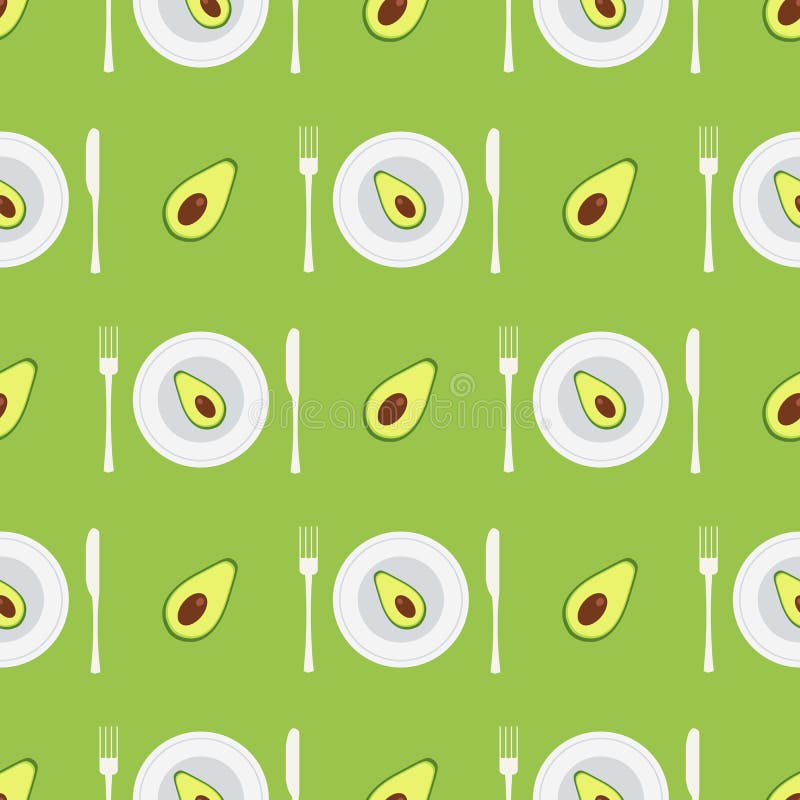 Vector seamless pattern with cartoon avocados on a green background and avocado on plate with fork and knife. can be vector illustration