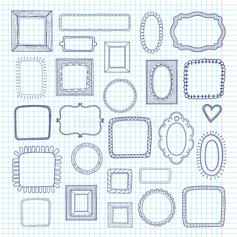 Vector set of cute vintage photo frames on notebook sheet paper background. Hand drawn doodle style for decoration. royalty free illustration Vector set of cute vintage photo frames on notebook sheet paper background. Hand drawn doodle style for decoration. royalty free illustration