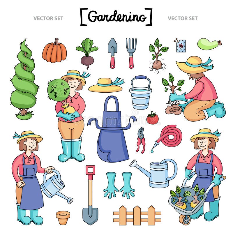 Vector set with isolated cartoon doodles on the theme of garden. Colored illustrations of gardening tools, gardener and garden job. Doodles for use in design stock illustration