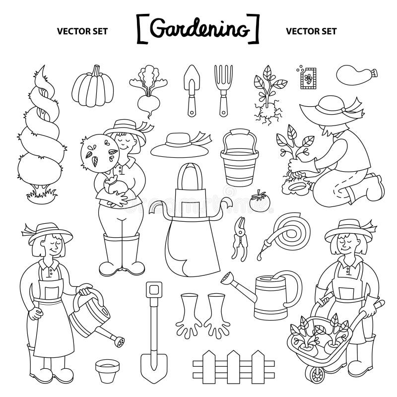 Vector set with isolated cartoon doodles on the theme of garden. Icons of gardening tools, gardener and garden job. Doodles for use in design vector illustration