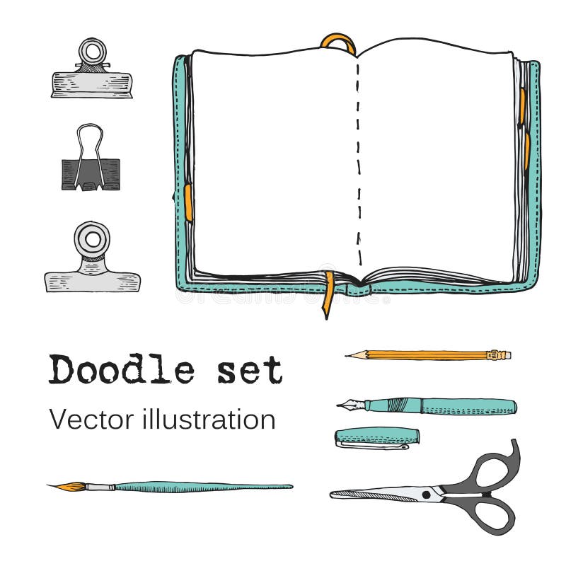 Vector Set of Sketch Notebooks, Notepads and Diaries. Office stuff. Doodle stationery, pen, pencil, scissors. Color hand drawn ill vector illustration