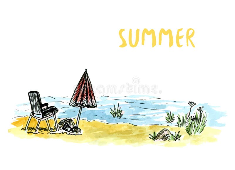 Vector sketch art with beach armchair and umbrella. River or sea holidays. Hand drawn watercolor illustration. royalty free illustration