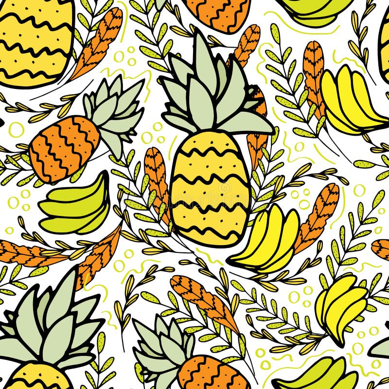 Tropical fruit background with pineapple, banana, leafs. Endless drawing for textiles, fabric for children clothing. Vector tropical fruit background with vector illustration