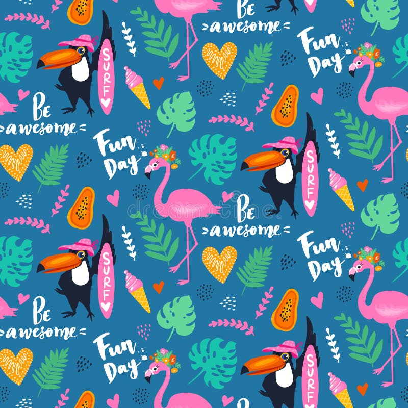 Vector tropical seamless pattern with pink flamingo, toucan, tropic leaves. Exotic background. royalty free illustration Vector tropical seamless pattern with pink flamingo, toucan, tropic leaves. Exotic background. royalty free illustration