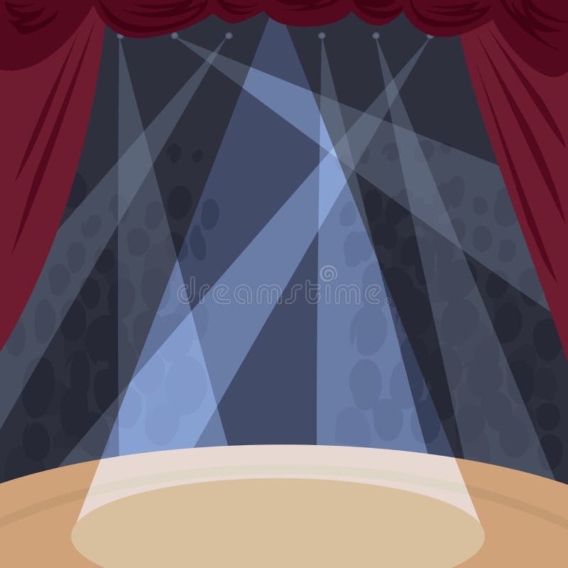 View from stage with spotlight beams in theater. View from stage with spotlight beams of auditorium or orchestra with audience. Interior of theater or concert vector illustration