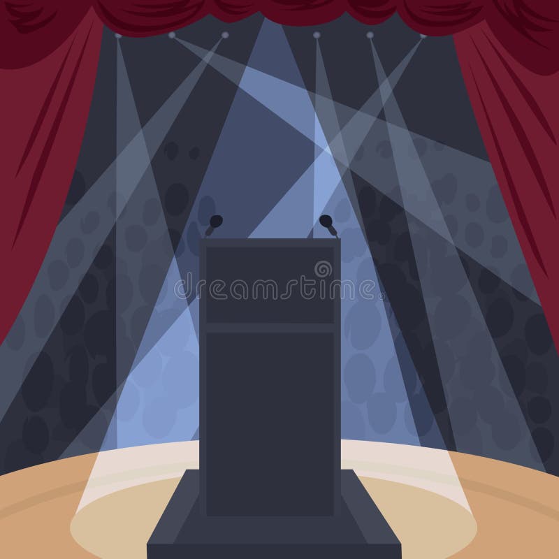 View from stage of theater or concert hall. View from podium on stage of auditorium or orchestra with audience. Interior of theater or concert hall. Simplified vector illustration