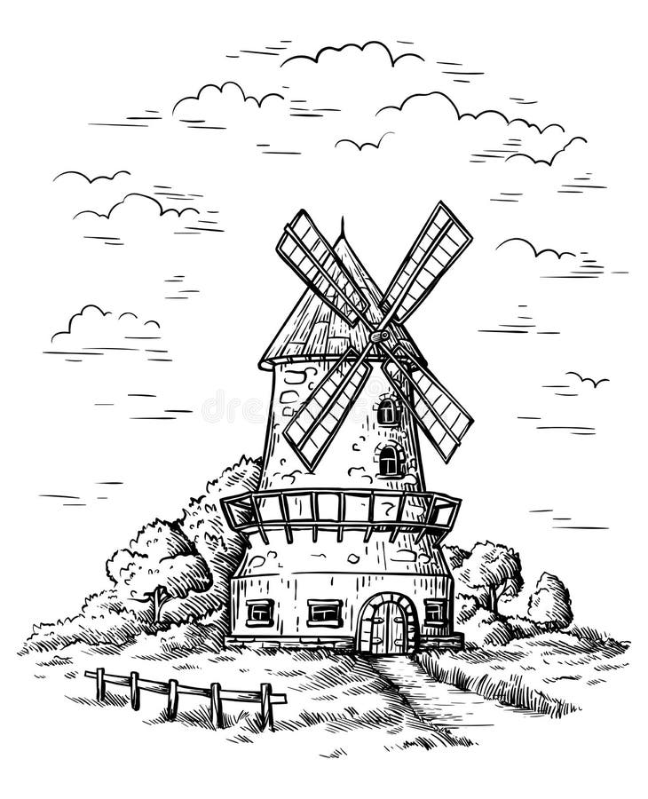 Village near a wheat field and a windmill drawn by hand royalty free illustration