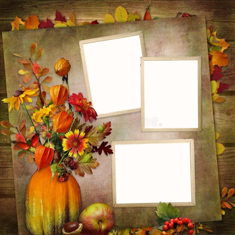 Vintage background with frames, bouquet of autumn leaves and berries in a vase from pumpkin vector illustration