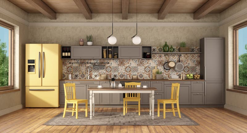 Vintage kitchen with dining table and yellow chair royalty free illustration