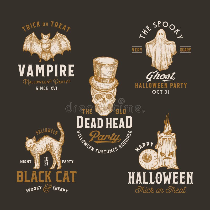 Vintage Style Halloween Logos or Labels Template Set. Hand Drawn Vampire Bat, Scull, Candle, Eye, Cat and Ghost Sketch. Symbols Collection. Retro Typography stock illustration