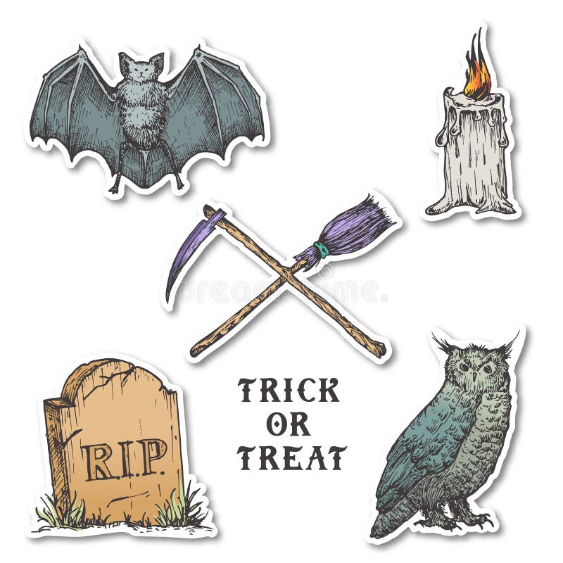 Vintage Style Halloween Stickers Set. Hand Drawn Owl, Bat, Candle, Tombstone and Crossed Broom and Scythe Sketch Symbols. Collection. Soft Shadows. Isolated vector illustration