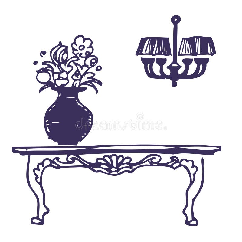 Vintage table, vase with flowers and chandelier royalty free illustration
