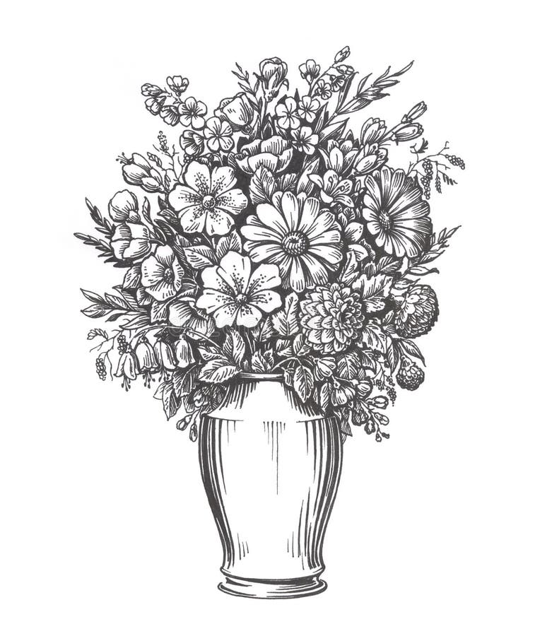 Vintage vase with flowers. Hand drawn sketch illustration vector illustration Vintage vase with flowers. Hand drawn sketch illustration vector illustration