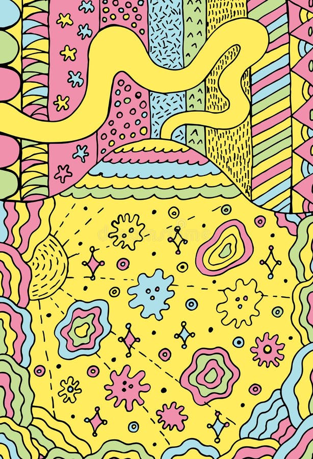 Volcano doodle landscape with floral meadow. Mountain drawing. Hand drawn colorful artwork. Vector illustration.  stock illustration