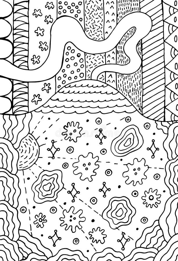 Volcano doodle landscape with floral meadow. Mountain drawing. Hand drawn coloring page. Vector illustration.  royalty free illustration
