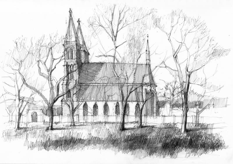 Vysehrad medieval castle. In Prague. Pencil drawing from the park royalty free illustration