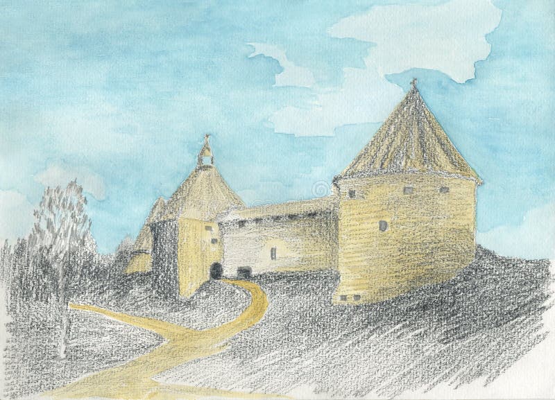 Walls and towers of the old castle, pencil and watercolor. Drawing stock illustration