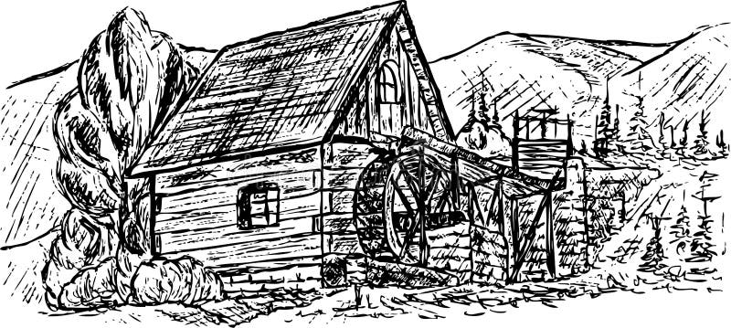 Water mill. Vector - drawing ancient water mill on mountains royalty free illustration