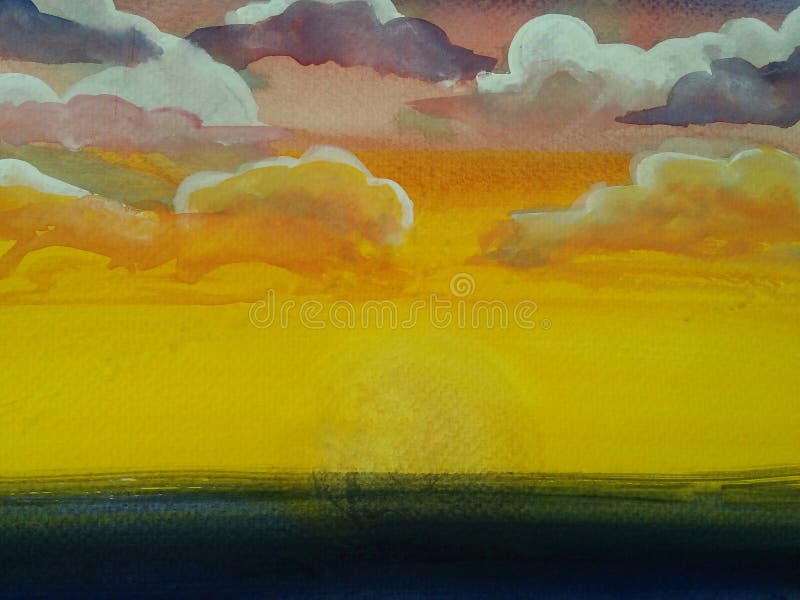 Watercolor background on paper : Sea, sky and colorful cloud in the sunset with copy space.Watercolor backdrop hand drawn painting royalty free illustration