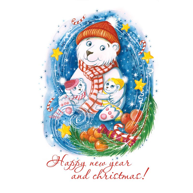 Watercolor drawing of a New Year`s polar bear with children, in warm colorful hats, with a Christmas tree, oranges and sweets, sno royalty free illustration Watercolor drawing of a New Year`s polar bear with children, in warm colorful hats, with a Christmas tree, oranges and sweets, sno royalty free illustration
