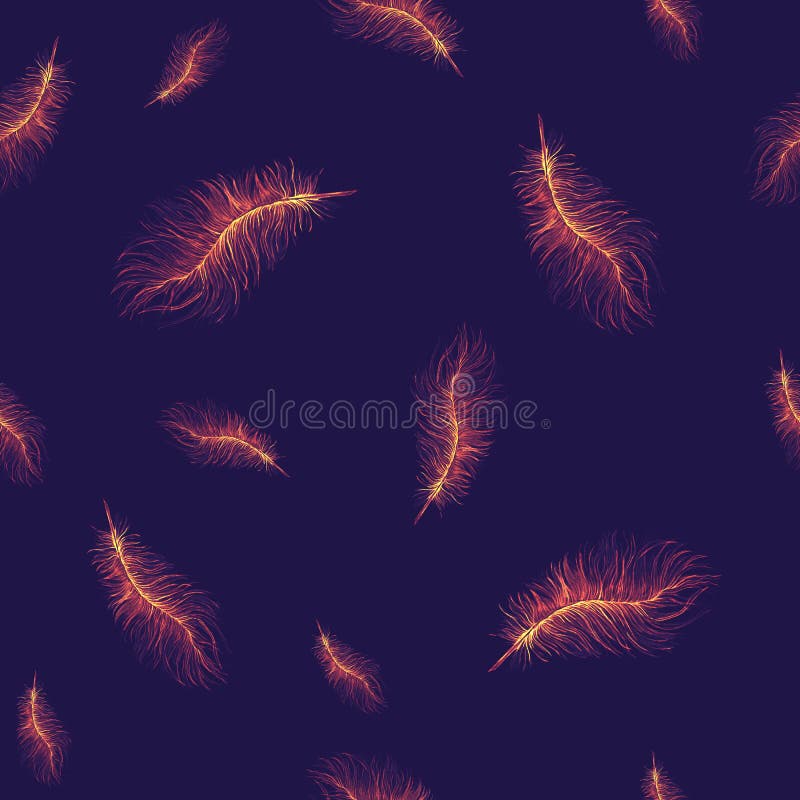 Watercolor drawing, seamless pattern, background, feathers. Fire feathers, for halloween, phoenix, ostrich feathers on a dark blue background, for graphics and vector illustration