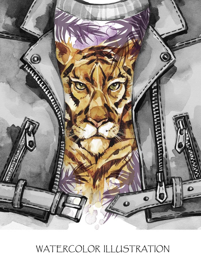 Watercolor exotic fashion pattern. Hand painted leather jacket with tiger head and tropical leaves. African animals. Background. Wildlife illustration. Style vector illustration Watercolor exotic fashion pattern. Hand painted leather jacket with tiger head and tropical leaves. African animals. Background. Wildlife illustration. Style vector illustration