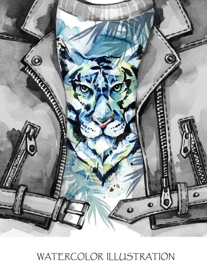 Watercolor exotic fashion pattern. Hand painted leather jacket with tiger head and tropical leaves. African animals. Background. Wildlife illustration. Style royalty free illustration Watercolor exotic fashion pattern. Hand painted leather jacket with tiger head and tropical leaves. African animals. Background. Wildlife illustration. Style royalty free illustration