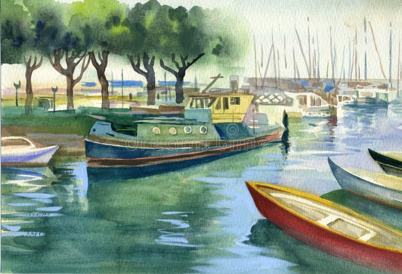 Watercolor Landscape Collection: Boats royalty free illustration