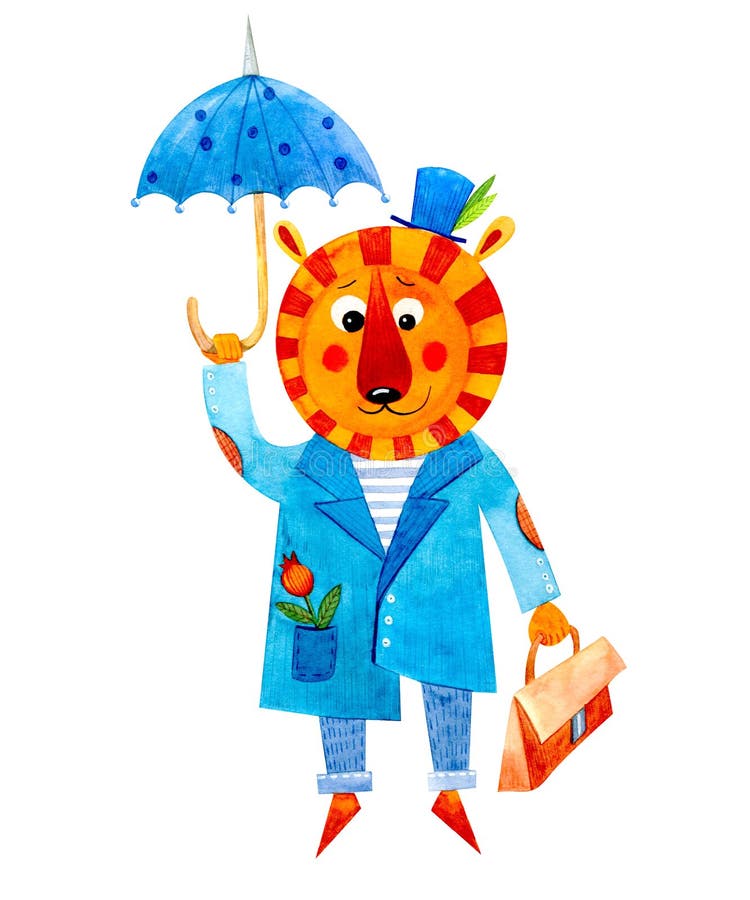 Watercolor painted children`s tiger in a blue coat flying with an umbrella. Isolated on a white background. Creative illustrations for kids design, wallpaper royalty free illustration Watercolor painted children`s tiger in a blue coat flying with an umbrella. Isolated on a white background. Creative illustrations for kids design, wallpaper royalty free illustration