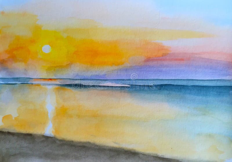 Watercolor painting sunset on the beach hand-painted landscape vector illustration