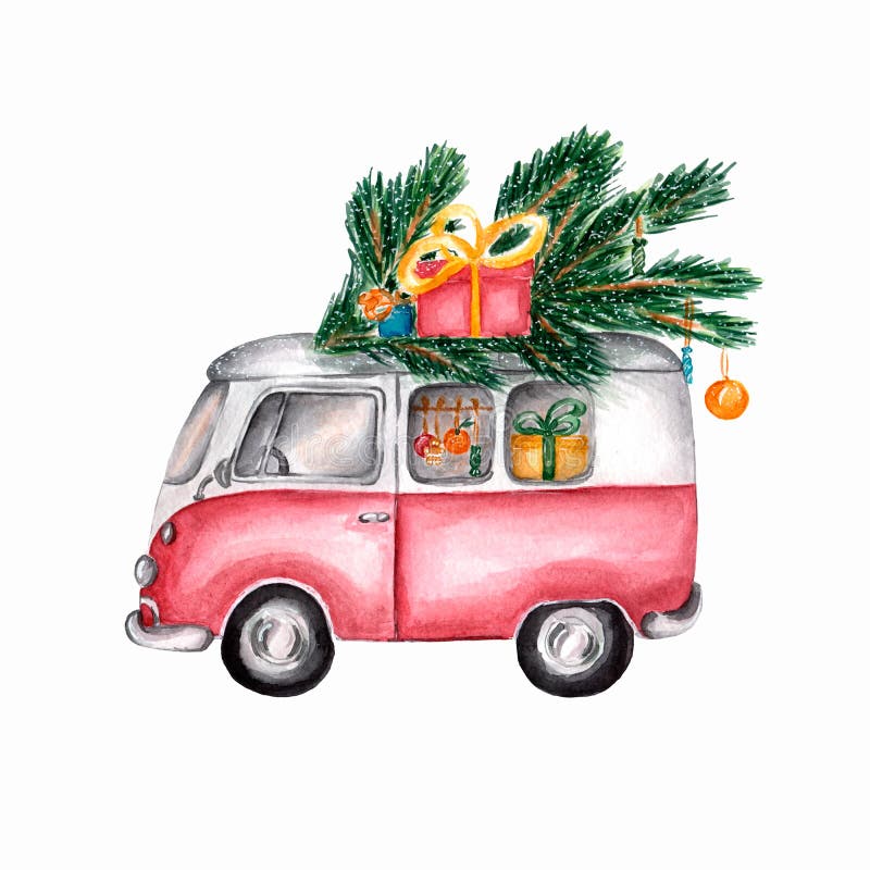 Watercolor picture of christmas vintage bus. Red retro car is carrying christmas gifts.Watercolor illustration of Santa Claus`s vector illustration
