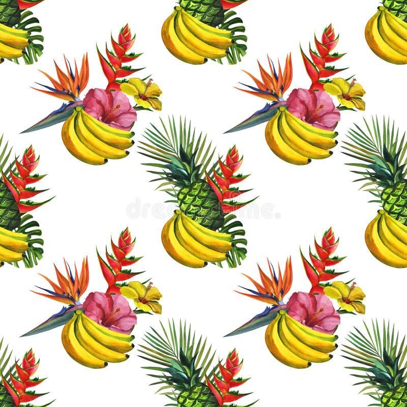 Watercolor seamless floral pattern with bananas hand drawing decorative background. Ethnic seamless pattern ornament. Print for te. Xtile, cloth, wallpaper stock illustration