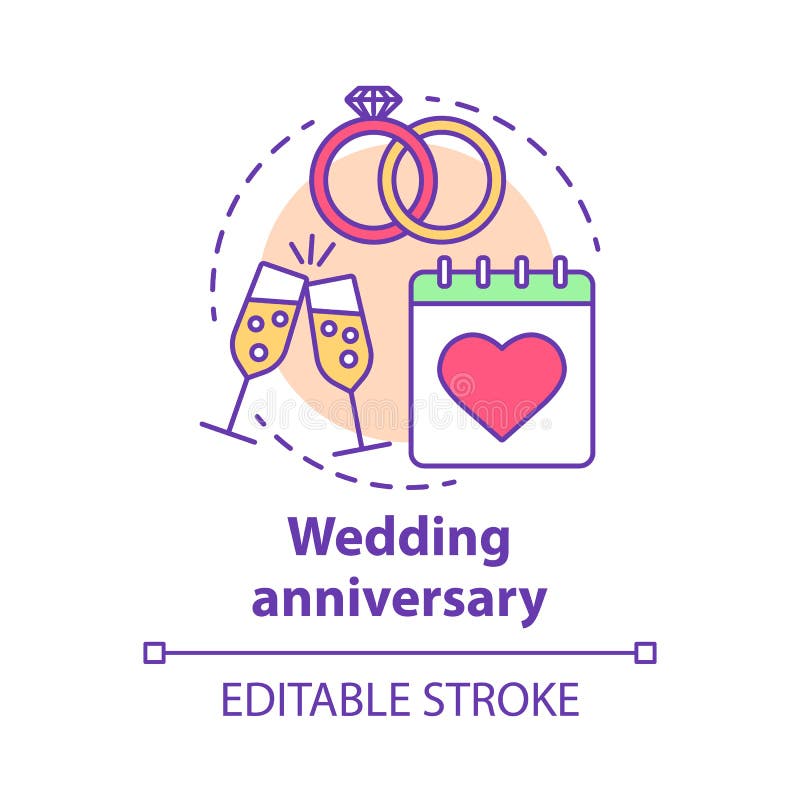 Wedding anniversary concept icon. Marriage, engagement celebration date idea thin line illustration. Bridal party. Champagne, calendar and rings. Vector vector illustration Wedding anniversary concept icon. Marriage, engagement celebration date idea thin line illustration. Bridal party. Champagne, calendar and rings. Vector vector illustration