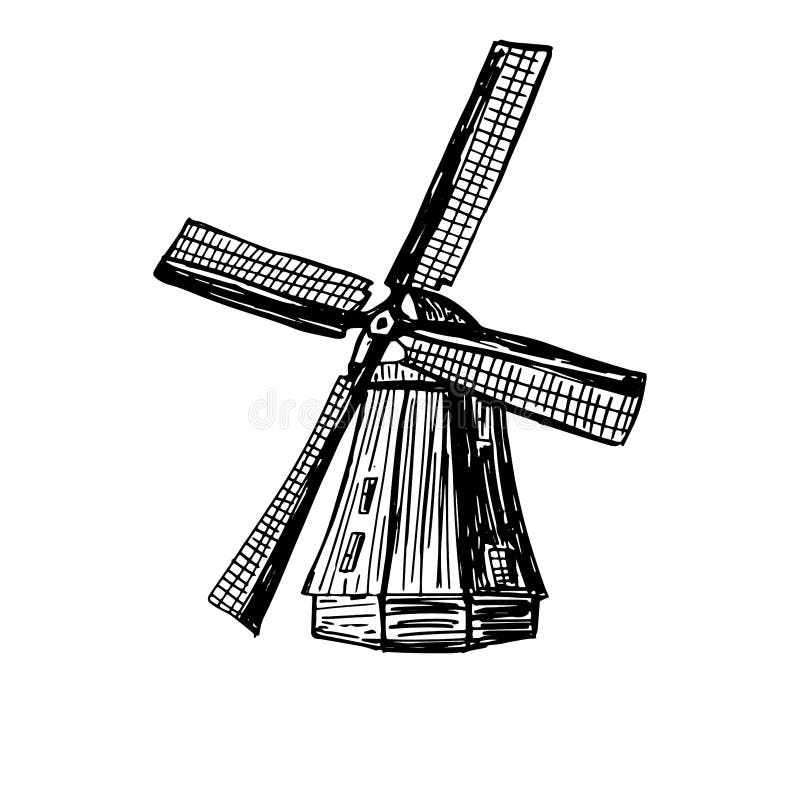 Wind mill, windmill hand drawn sketch vector engraved illustration. Old building emblem, logo, banner, badge for poster. Wind mill. Old windmill hand drawn stock illustration