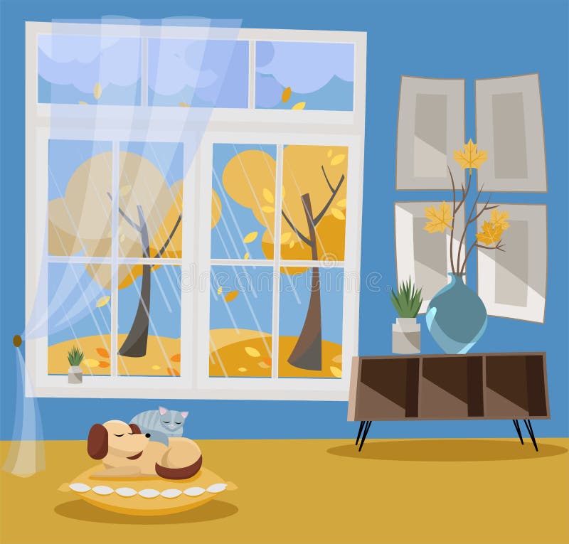 Window with a view of yellow trees and flying leaves. Autumn interior sleeping cat and dog on pillow, shelf, vase with branches. stock illustration
