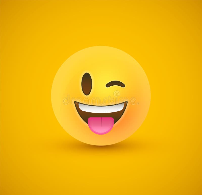 Wink tongue out yellow emoticon face 3d background. Wink 3d playful smile emoticon face on yellow color background. Modern social reaction for funny children or vector illustration
